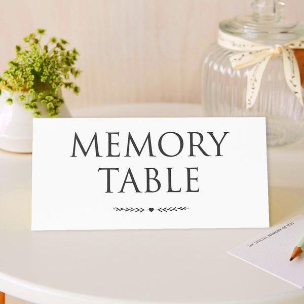 Set of 2 White Funeral Signs: 'Please Share Your Special Memories Here' & 'Memory Table' - Angel & Dove