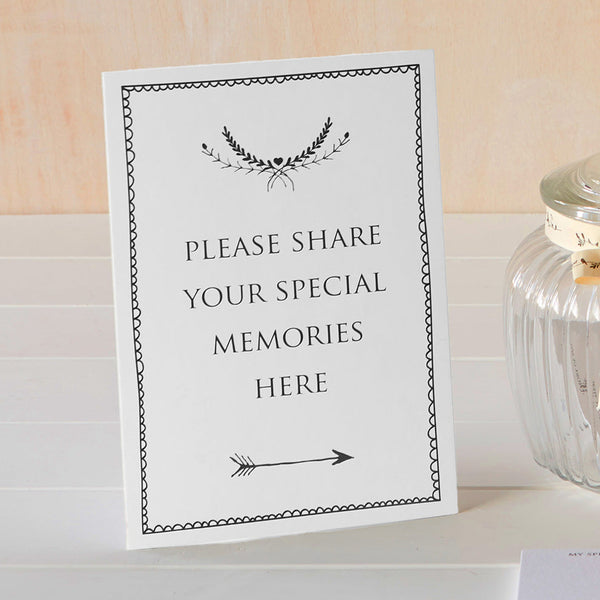 Set of 2 White Funeral Signs: 'Please Share Your Special Memories Here' & 'Memory Table' - Angel & Dove