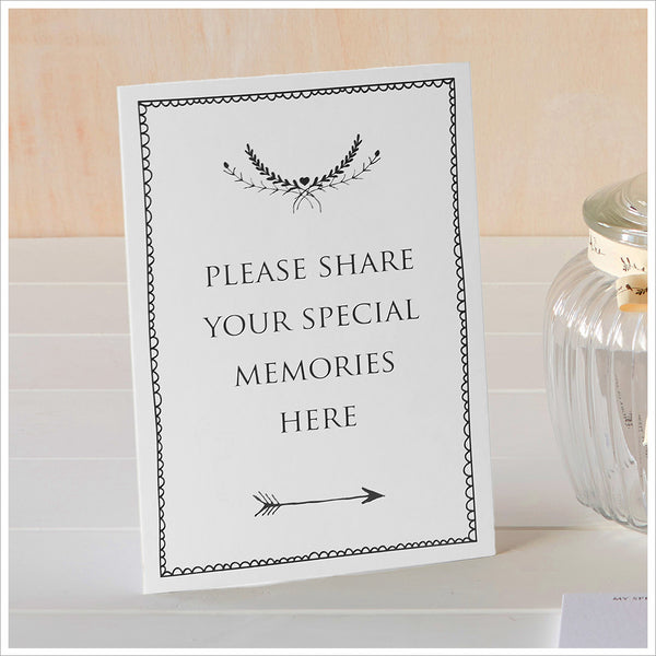 Set of 2 White Funeral Signs: 'Please Share Your Special Memories Here' & 'Memory Table' - Angel & Dove