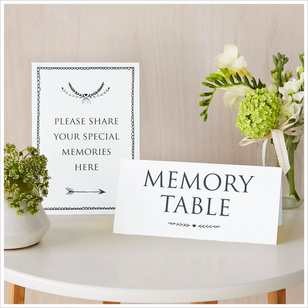Set of 2 White Funeral Signs: 'Please Share Your Special Memories Here' & 'Memory Table' - Angel & Dove