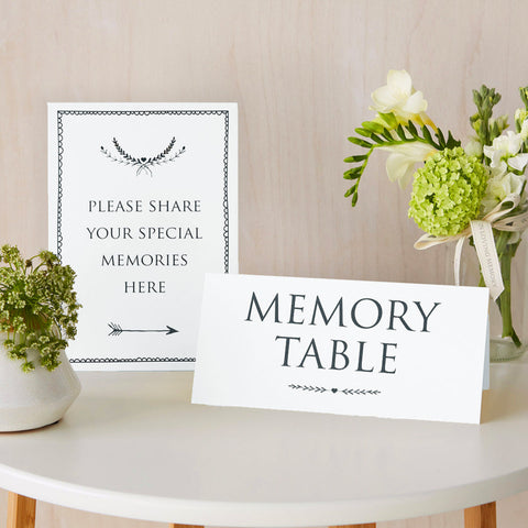 Set of 2 White Funeral Signs: 'Please Share Your Special Memories Here' & 'Memory Table' - Angel & Dove