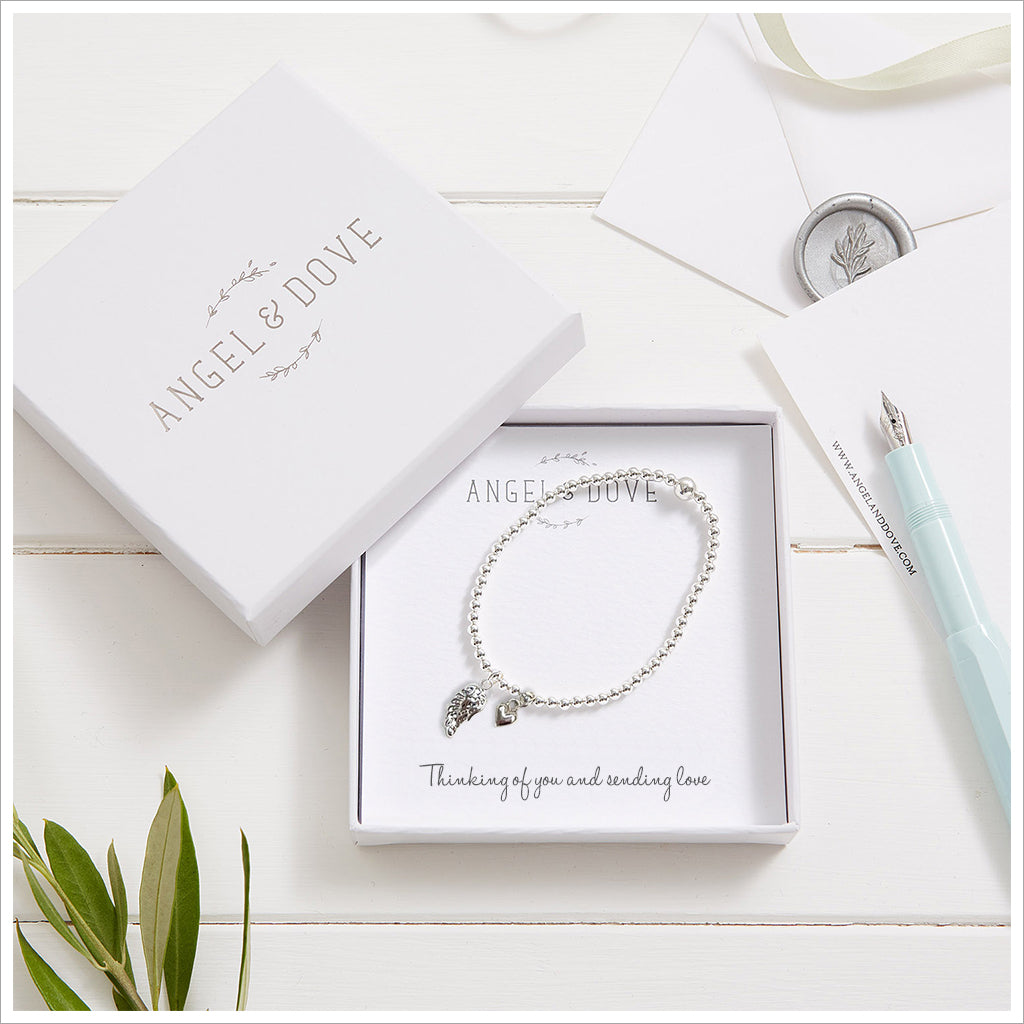 Silver Angel Wing & Heart 'Thinking of You' Bracelet with Luxury Gift Bag & Card - Angel & Dove