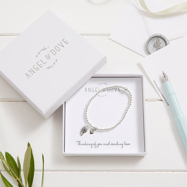 Silver Angel Wing & Heart 'Thinking of You' Bracelet with Luxury Gift Bag & Card - Angel & Dove