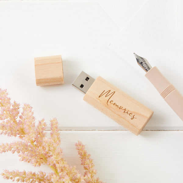 'Memories' USB Stick in Wooden Gift Box with Bag & Card - Angel & Dove