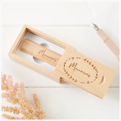 'Memories' USB Stick in Wooden Gift Box with Bag & Card - Angel & Dove