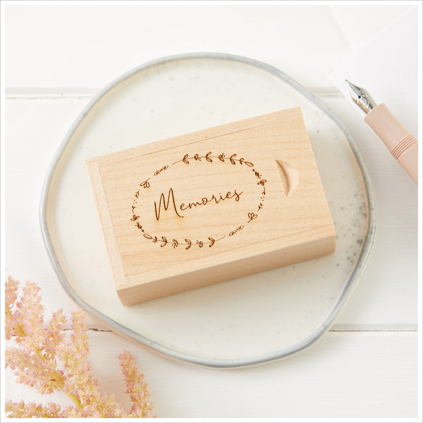 'Memories' USB Stick in Wooden Gift Box with Bag & Card - Angel & Dove