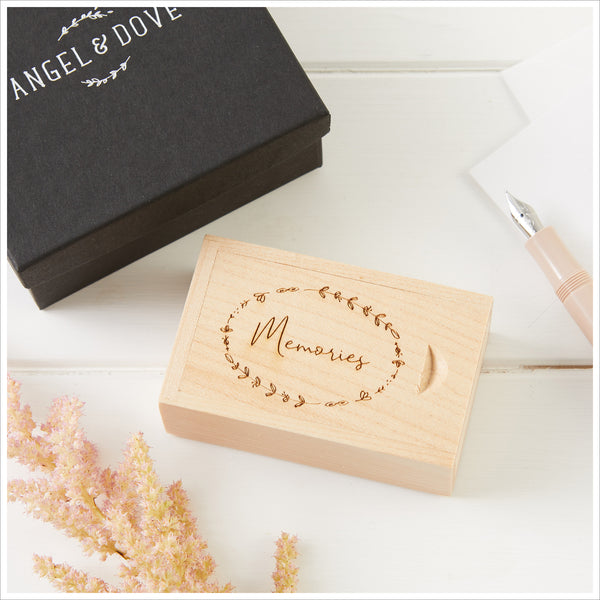 'Memories' USB Stick in Wooden Gift Box with Bag & Card - Angel & Dove