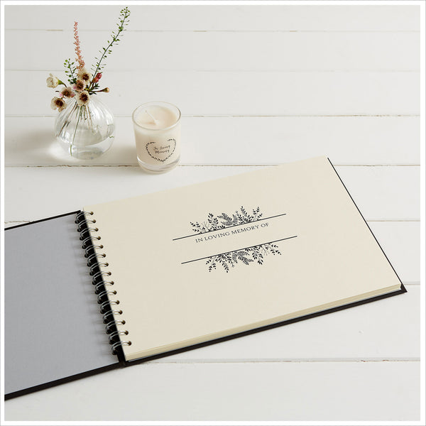 A4 Luxury Black Memory Condolence Book with Ribbon for Funeral Memory Table - Angel & Dove