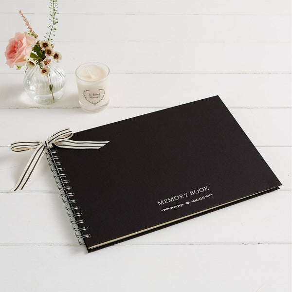 A4 Luxury Black Memory Condolence Book with Ribbon for Funeral Memory Table - Angel & Dove