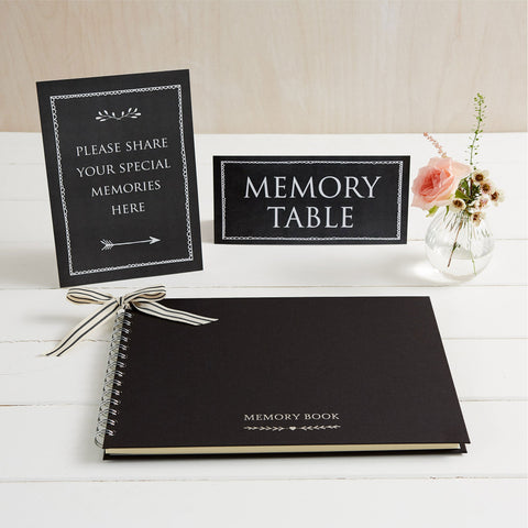 A4 Luxury Black Memory Book & 2 Sign Set for Funeral Memory Table - Angel & Dove