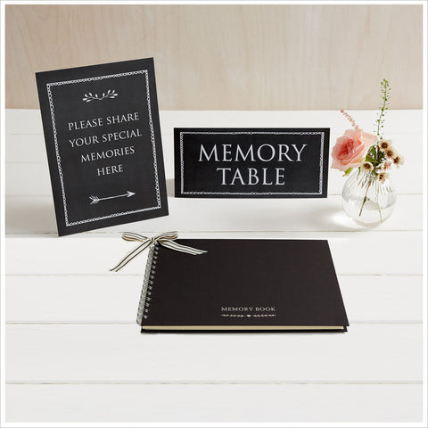 A5 Luxury Black Memory Book & 2 Sign Set for Funeral Memory Table - Angel & Dove