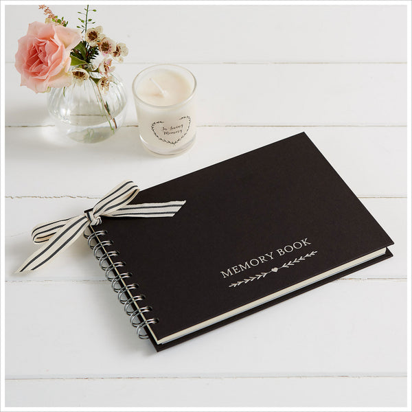 A5 Luxury Black Memory Condolence Book with Ribbon for Funeral Memory Table - Angel & Dove