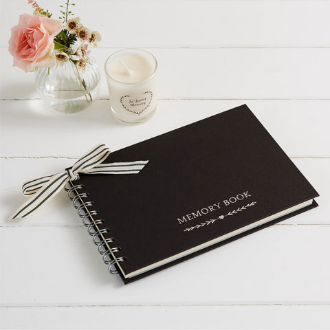 A5 Luxury Black Memory Condolence Book with Ribbon for Funeral Memory Table - Angel & Dove