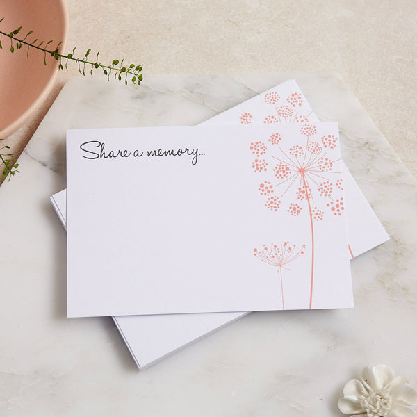 25 'Share a Memory' A6 Funeral Remembrance Cards with Blush Wildflower Design - Angel & Dove