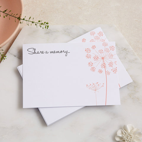 25 'Share a Memory' A6 Funeral Remembrance Cards with Blush Wildflower Design - Angel & Dove