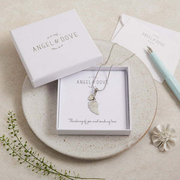 Pewter Angel Wing 'Thinking of You' Necklace with Luxury Gift Bag & Card - Angel & Dove