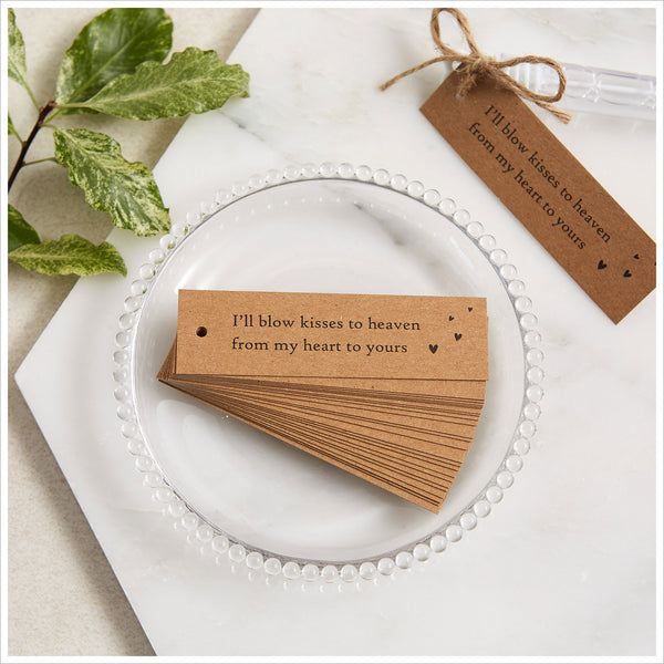 12 Bubble Mix Funeral Favours with Kraft Tags 'I'll Blow Kisses to Heaven' - Angel & Dove