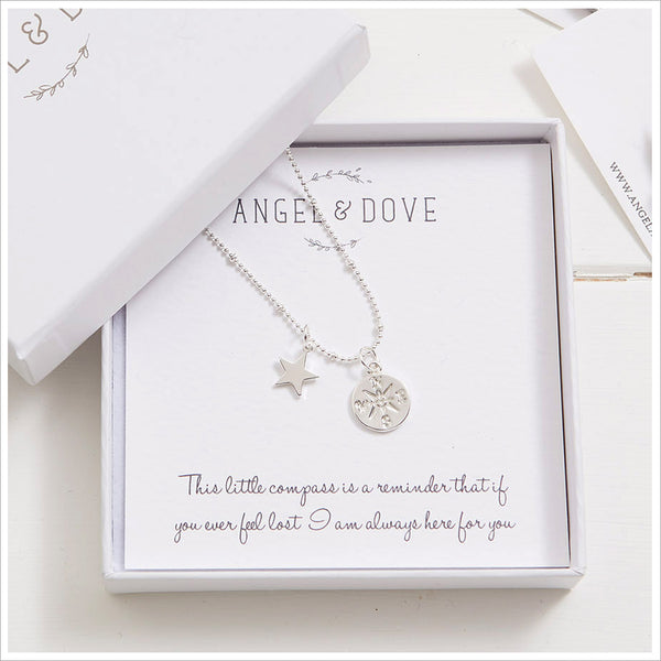 Silver Compass 'Here for You' Necklace in Gift Box with Luxury Gift Bag & Card - Angel & Dove