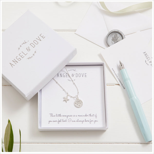 Silver Compass 'Here for You' Necklace in Gift Box with Luxury Gift Bag & Card - Angel & Dove