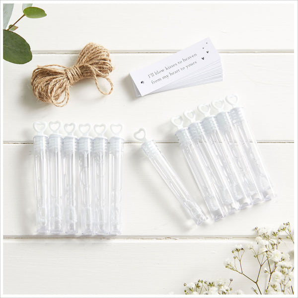 12 Bubble Mix Funeral Favours with White Tags 'I'll Blow Kisses to Heaven' - Angel & Dove