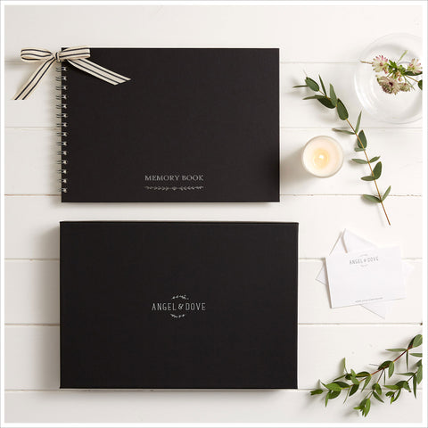 Gift Boxed A4 Luxury Black Memory Condolence Book with Gift Box & Card - Angel & Dove