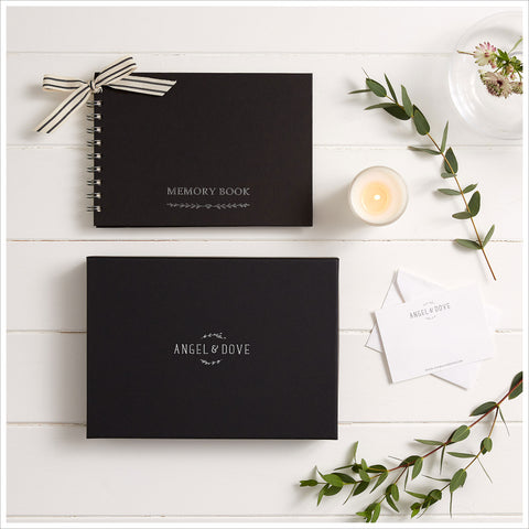 Gift Boxed A5 Luxury Black Memory Condolence Book with Gift Card - Angel & Dove