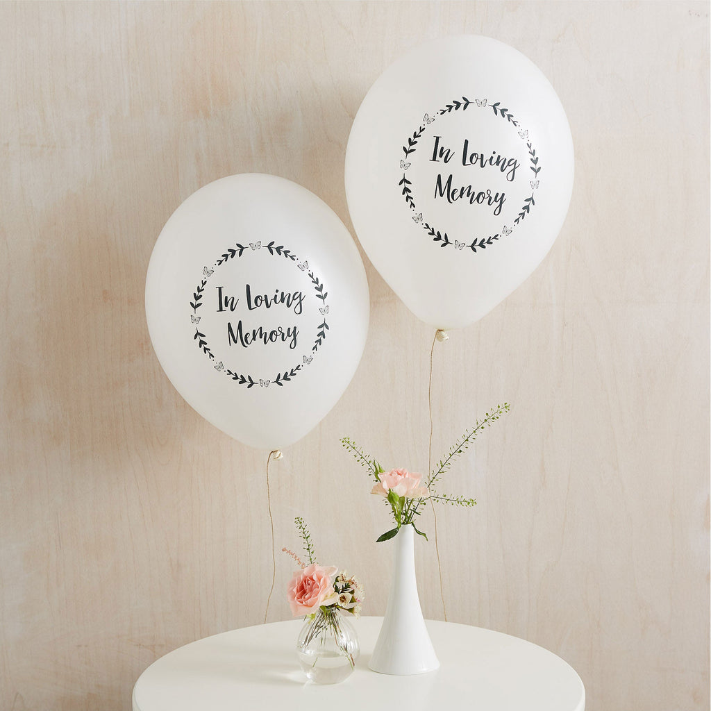 25 White 'In Loving Memory' Biodegradable Funeral Balloons – Angel & Dove