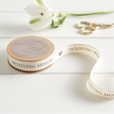 'In Loving Memory' Printed Natural Cotton Ribbon - 5m or 25m Roll - Angel & Dove