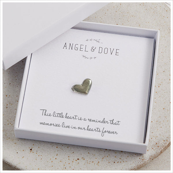 Pewter Heart 'Memories' Pocket Charm Sympathy Gift with Bag & Card - Angel & Dove