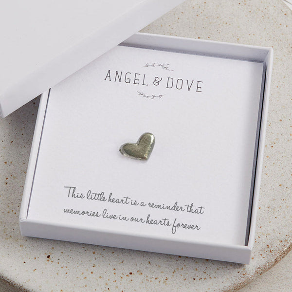 Pewter Heart 'Memories' Pocket Charm Sympathy Gift with Bag & Card - Angel & Dove