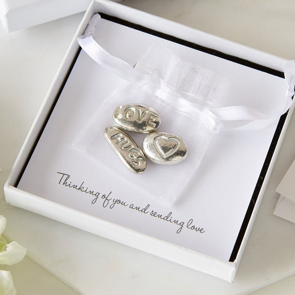 3 Pewter 'Love, Hugs & Heart' Pebbles Sympathy Gift with Bag & Card - Angel & Dove