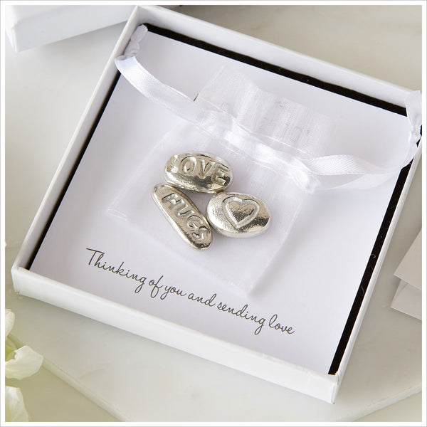 3 Pewter 'Love, Hugs & Heart' Pebbles Sympathy Gift with Bag & Card - Angel & Dove