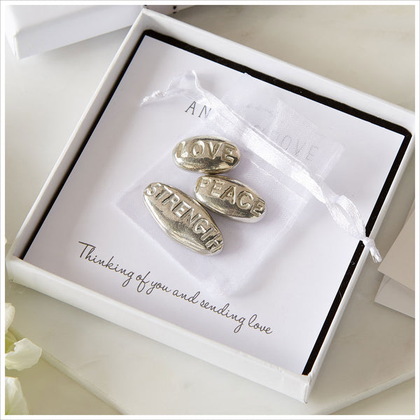 3 Pewter 'Peace, Love, Strength' Pebbles Sympathy Gift with Bag & Card - Angel & Dove