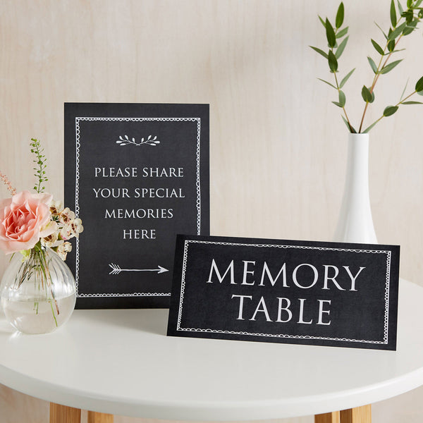 Set of 2 Signs: 'Please Share Your Special Memories Here' & 'Memory Table' - Black - Angel & Dove