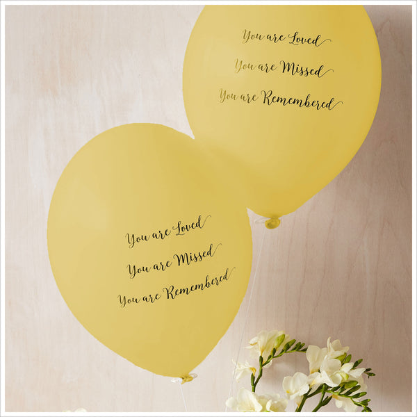 'You are Loved, Missed, Remembered' Funeral Remembrance Balloons - Yellow - Angel & Dove