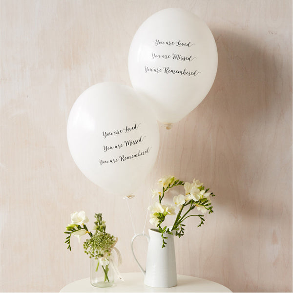 'You are Loved, Missed, Remembered' Funeral Remembrance Balloons - White - Angel & Dove